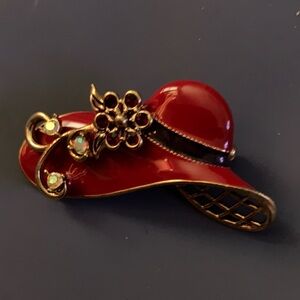 Elegant Vintage Red Hat Brooch with Gold Accents